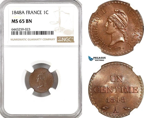 AH186, France, Second Republic, 1 Centime 1848 A, Paris Mint, NGC MS65BN