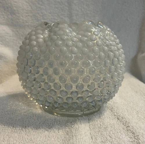 Fenton Large French White Opalescent Glass Hobnail 8 Crimp Rose Bowl Vase 1940
