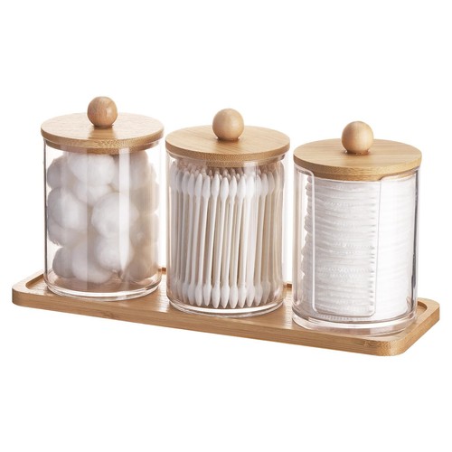 10 oz Qtip Holder with Vanity Tray, 3 Pack Cotton Swab/Ball/Pad Dispenser Apo...