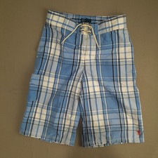 Polo By Ralph Lauren Boys Swim Trunks L 14/16 Blue Plaid Drawstring Shorts Vtg