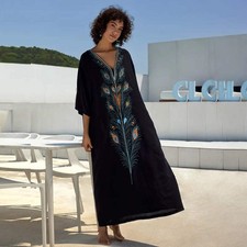 Cotton Printing Vacation Loose Maxi Dress Beach Jacket Maxi Dress Bikini Cover u