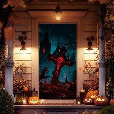 Horror Halloween Banner 180x90cm - Skull Cross Spooky Church Wall Decor