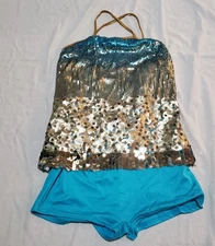 Curtain Call Gold Teal Dance Costume Sequins Recital Adult Large Competiton