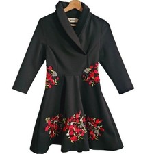Woman's Metisu Floral embroidered Collared Dress Knee Length Size Small Black