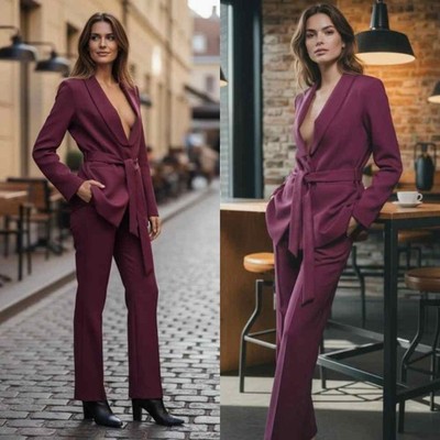 Burgundy suit with tie belt scarf lapel for city cafe meeting