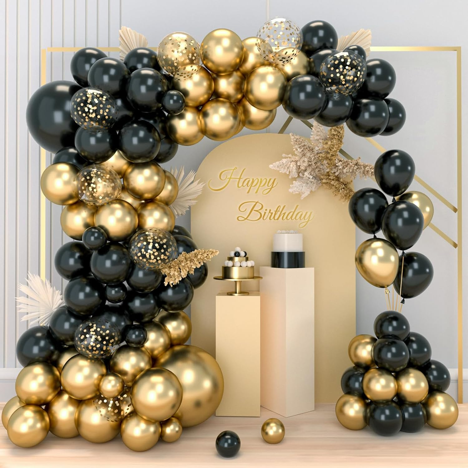 Black and Gold Balloon Arch Kit, Black Gold Balloons Garland Kit with Gold Confe