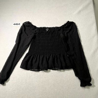 Moa Moa Cropped Blouse Top Womens XL Black Smocked Chest Beaded Off The Shoulder