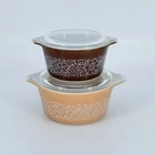 Vintage Pyrex Woodland 473-B 474-B Casserole Dish Set w Lids Brown Tan