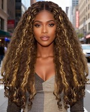 Afro Wig, 24 Inch, V Part, Kinky Curly, 180 Density, Brown Blonde Highlight
