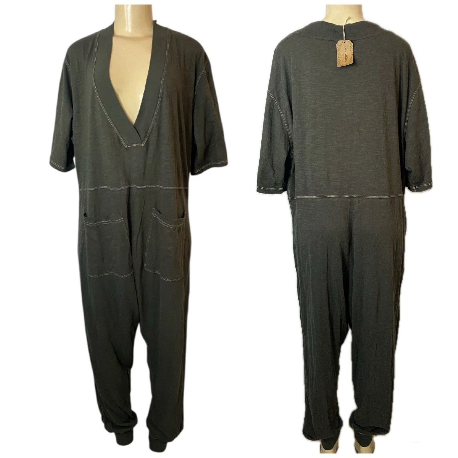 Natural Life Charlie Gray V Neck 100% Cotton Harem Jumpsuit Oversized Small