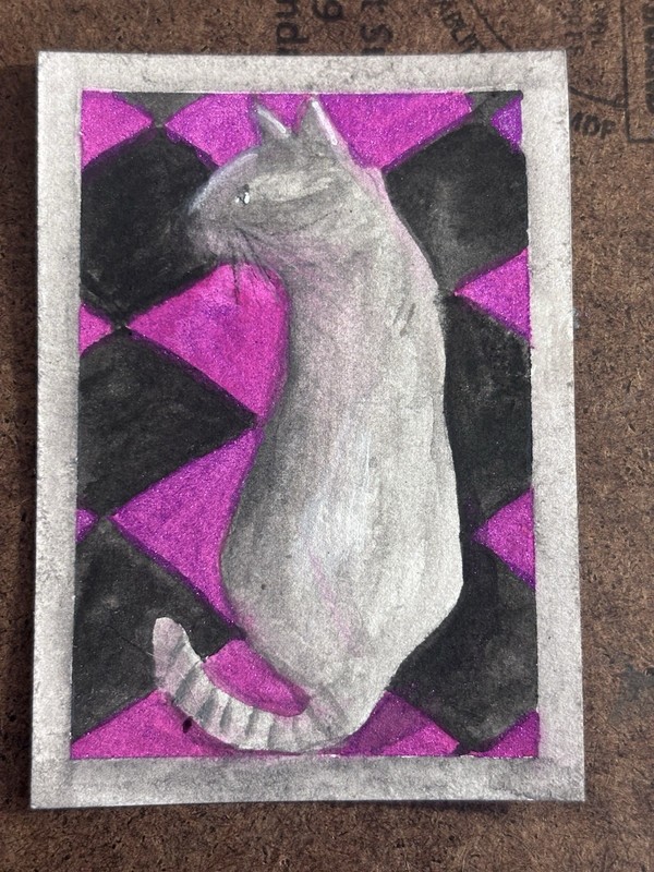 ACEO Gray Cat Original Trading Card Painting Stacy Hedrick Art 2.5 X 3.5