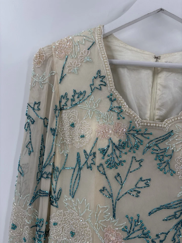 Vestido vintage con cuentas para mujer 8 azul marfil maxi cuello en V volantes florales forrado con cremallera Foto 3 de 4