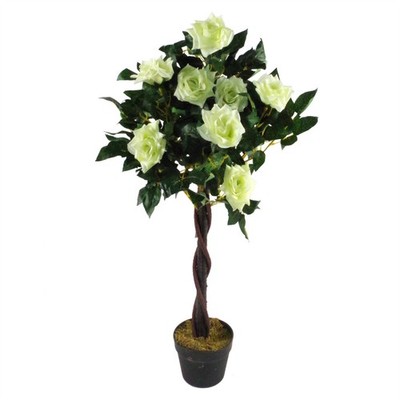 Künstlicher Rosenbaum creme Seidenblätter & Blumen 90 cm gedrehter Stamm gewichteter Topf