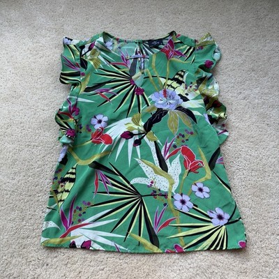 Milk & Honey Green & Pink Tropical Leaf Print Flutter Sleeve Blouse - Sz M - EUC