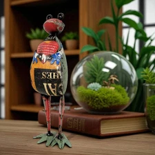 Rustic 15" Repurposed Recycled Colorful Scrap Metal Frog w/ Heart Statue Home