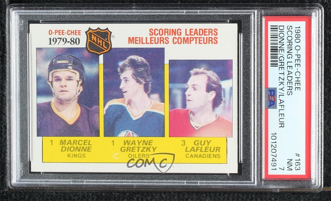 1980 O-Pee-Chee League Leaders Wayne Gretzky Marcel Dionne Guy Lafleur PSA 7 uk2