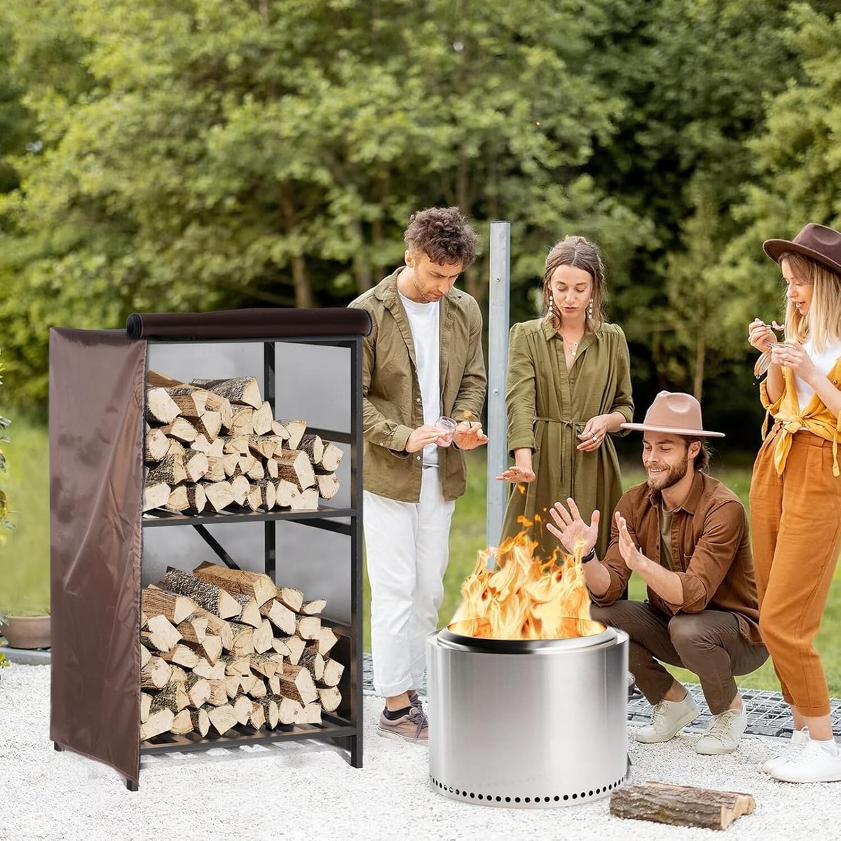 Firewood Rack Outdoor KEESHA Fire Pit Stand With Waterproof Cover