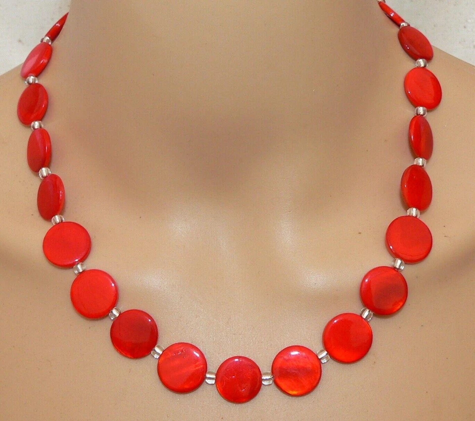 Halskette Kette Muschel Perlmutt  Scheibe Ø15mm knalliges Rot  405l - Bild 4 von 4
