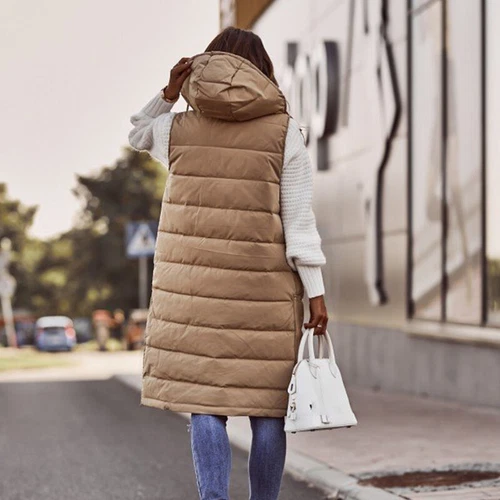 Winter Women's Hooded Quilted Zipper Vest Thick Vest Long and Warm - Foto 10 di 20