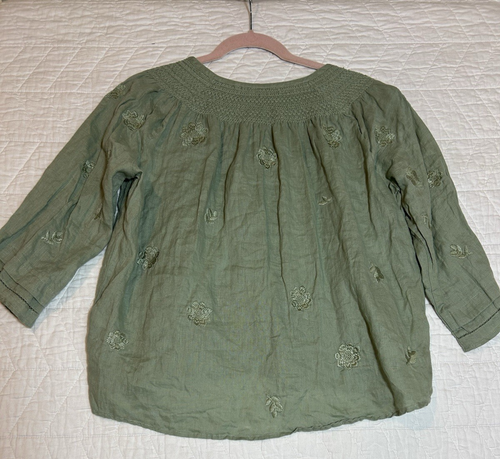 MAGASCHONI Eucalyptus Green Embroidered Smocked Tassel Tie-Neck Peasant Top M - Picture 5 of 5