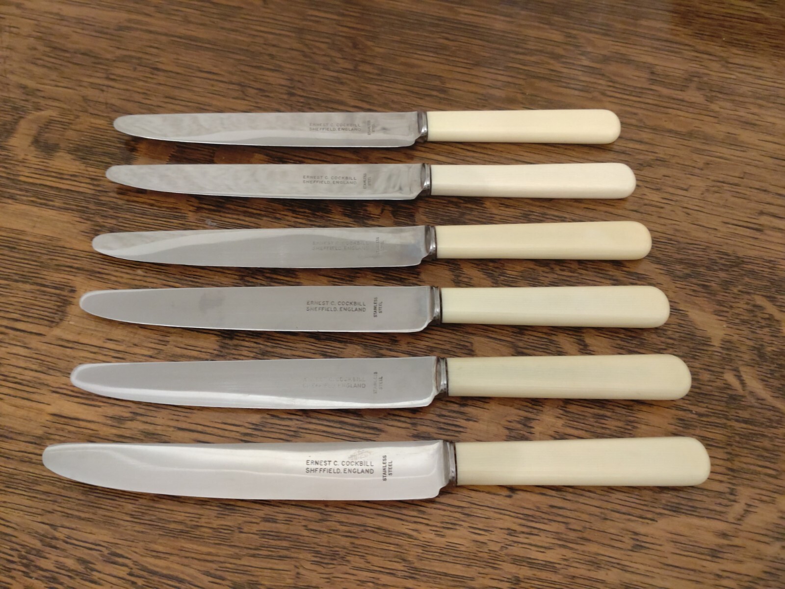 Vintage Set 6 x Faux Bone Handle DINNER KNIVES by Ernest Cockbill of