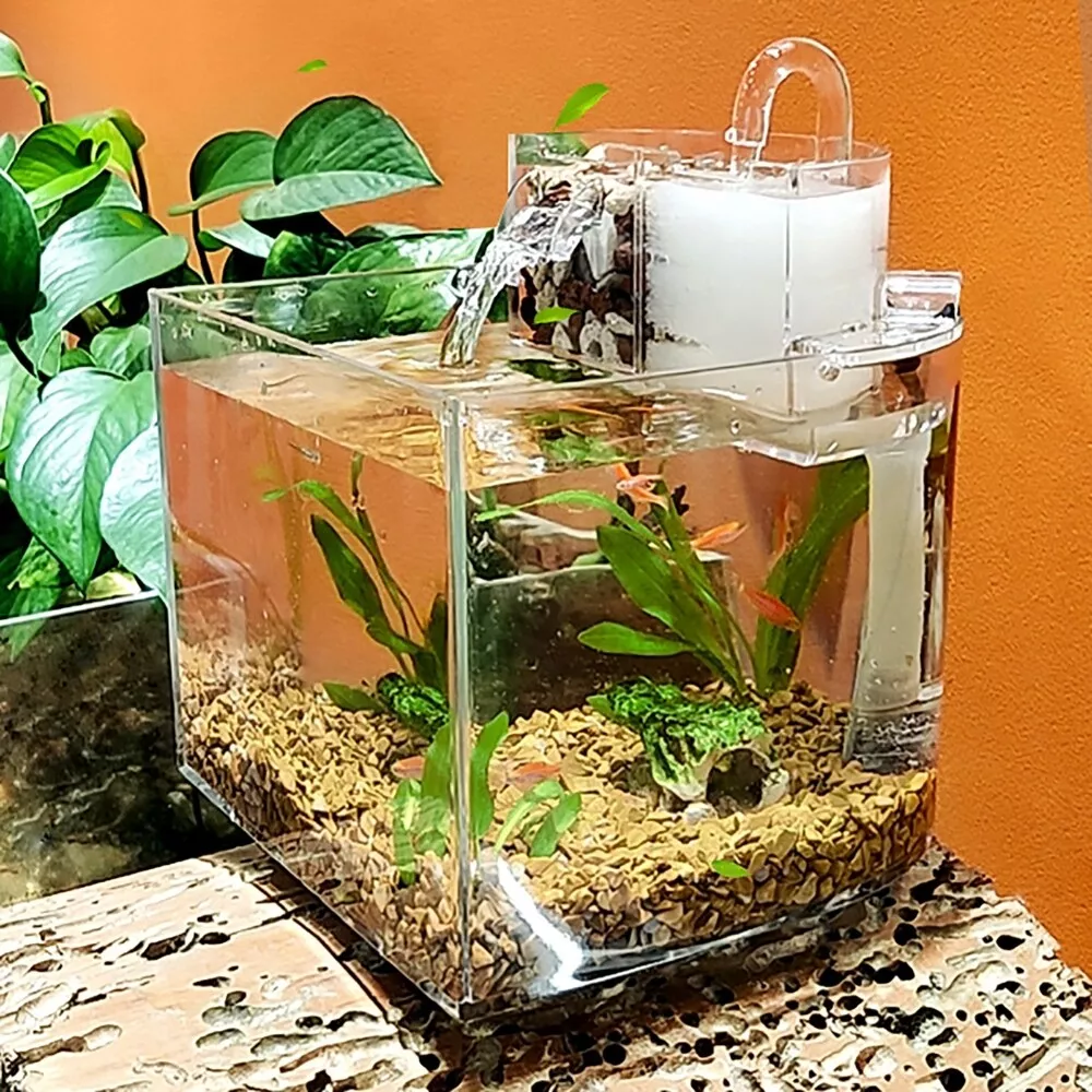 Desktop Mini Aquarium Fish Tank With Water Filter & Cover Silent Air 2.5W  Pump