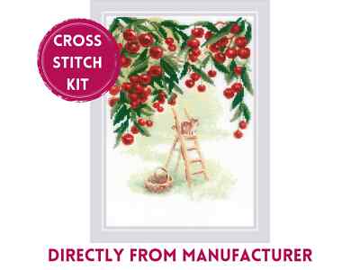 RIOLIS Counted Cross Stitch Kit 2205 Cherry Garden, Cat and Cherries on a Tree