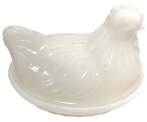 Vintage Hazel Atlas Milk Glass White Mini Hen On Nest Chicken Rooster Dish