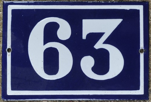 Old blue French house number 63 door gate wall plate steel enamel sign - pick - Picture 9 of 10