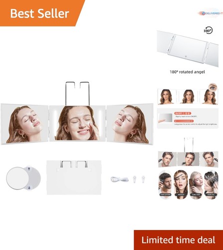 3 Way Mirror ABS Adjustable LED Light Barber Dressing Makeup Vanity 12.8"