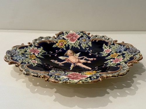 Antique Majolica Pottery Cobalt Oval Angel, Flowers Wall Plate, 13 1/2" x 10 1/2 - Picture 2 of 6