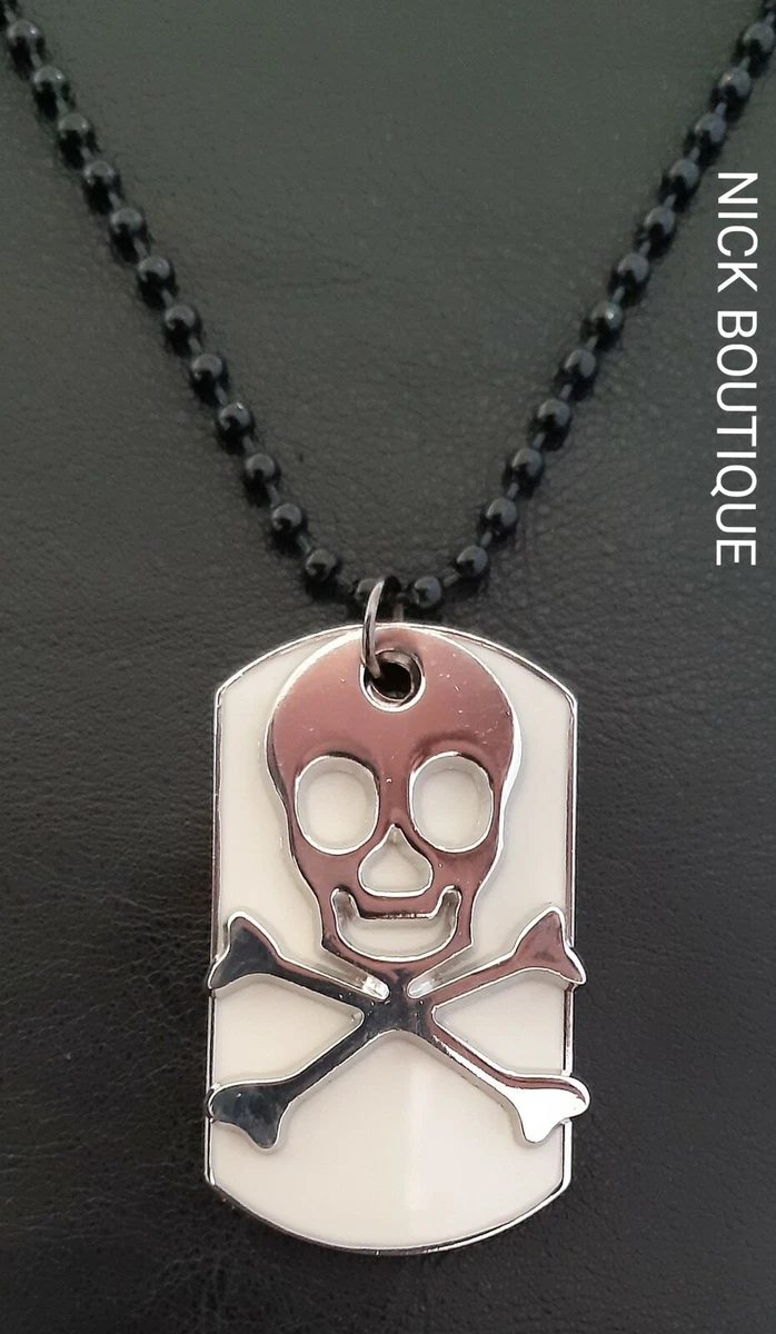 Skull Bones Tag Enamel Necklace Danger Death Stainless Steel Pendant Black Chain