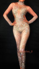 Women Rhinestones Jumpsuit Bodysuit Singer Dancer Stage Wear Party Costume