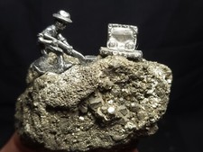 Fantasy Pewter Mining Scene on Pyrite Crystal, Made in USA (9.3 oz) K5