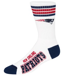 New-England-Patriots-NFL-For-Bare-Feet-4-Stripe-White-Crew-Socks-SIZE-LARGE