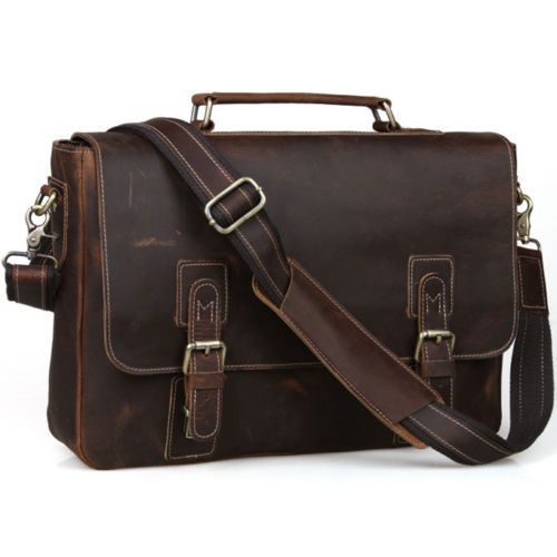 Men's Vintage Leather Briefcase Messenger Shoulder Bag 15" Laptop Saddle Satchel