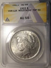 ANACS 1922 AU 55 Peace Dollar /  VAM-12A MOUSTACHE TOP 50