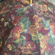 Vintage Ralph Lauren Umbrella Burgundy Floral Rain Parasol Wood Handle Cottage