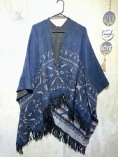 Reversible poncho shawl cape wrap Dark Gray/ Navy Blue Geometrical One Size