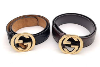 Auth Gucci Interlocking G Guccissima Leather 85/34 Black/Brown Belt 2Set i080659