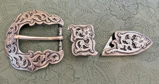 1998 - 3 Piece Sterling Silver Plated Belt Buckle Set - Fits 1" Belts - Floral