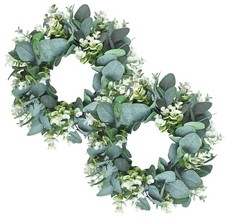 2Pc Artificial Eucalyptus Wreath Fabric Eucalyptus Leave Wreath Round Green W...