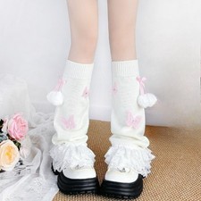 1 Pair Leg Warmer Lace Ruffle Knitted Leg Warmer Cute with Pompom Ball Bow Decor