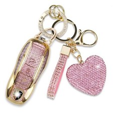 Compatible with Porsche Key Fob Cover with Heart Keychain, Car Key Shell Pink