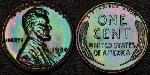 UNC 1954-S Lincoln wheat cent penny, rainbow toning and high luster (49-79)