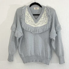 Vtg 80s Hand Knit Fringe Sweater Gray Embroidered Embellished Western Rodeo Boho
