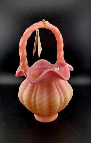 Fenton Burmese Spiral Optic Satin Glass Basket Vintage Uranium Glass Glows