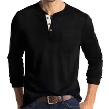 Mens Fashion Henley Shirts Long Sleeve Button Cotton T-Shirt with Pocket