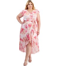 City Studio Womens Floral-Print Wrap High-Low Dress, brghtpink, Plus Size, 2X