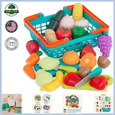 Children's Toy Food Set with Basket and 16 Fruits  Vegetables for Pretend Play